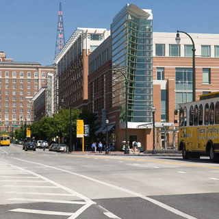 Tech Square, the bookstore, and Tech Trolleys