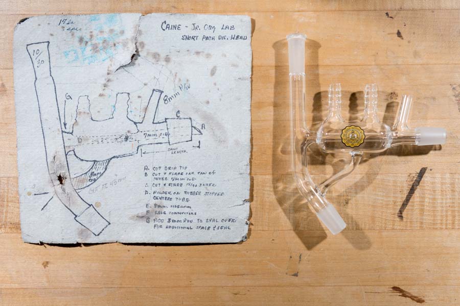 The scientific glassblower designs and constructs each apparatus by collaborating with individual researchers, using drawings as a guide.