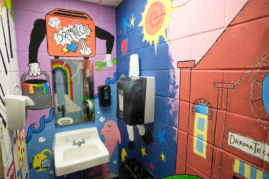 DramaTech has several murals, including one in the restroom of the dressing room.