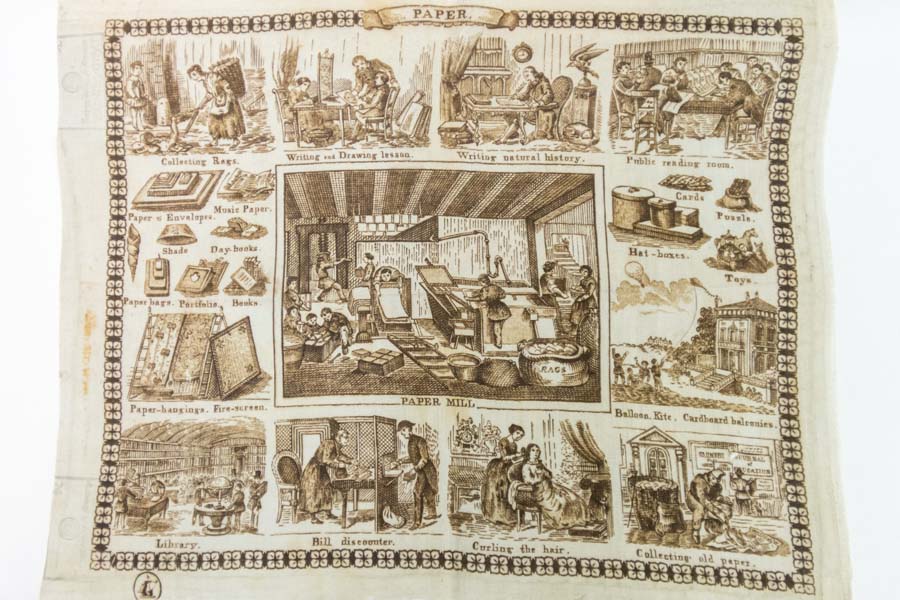 This illustration of the various uses of paper was stamped by paper historian Dard Hunter.