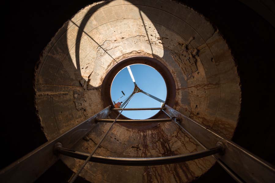 From the vantage point of the bottom of the reservoir system … a clear blue sky.