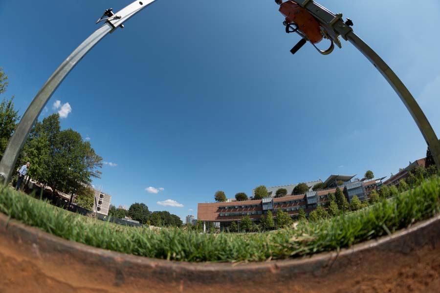 Ground-level view of Clough Commons from the top of the cistern system. Captured water is used in the fountain at the Kessler Campanile and to irrigate Tech Green as well as the lawn behind the Van Leer Building and in front of the College of Design.