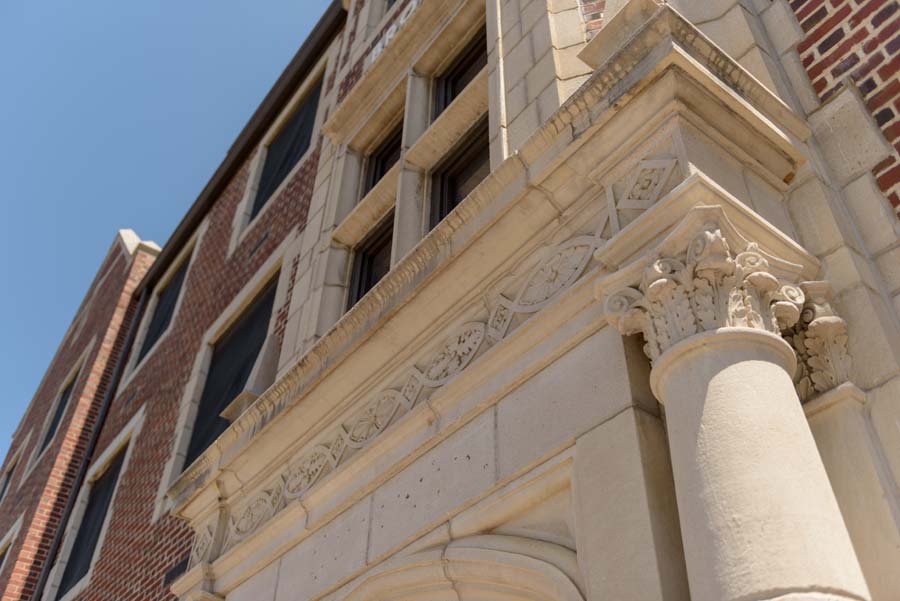 Column detail of Brown Residence Hall, the oldest active residence hall on campus.