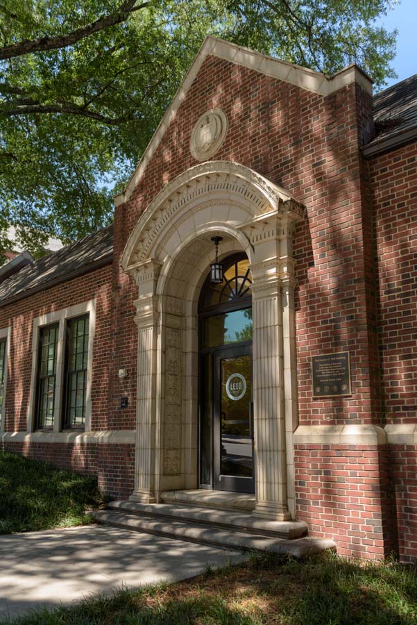 The entrance to the Stephen C. Hall Building features the Georgia Tech seal above the door.