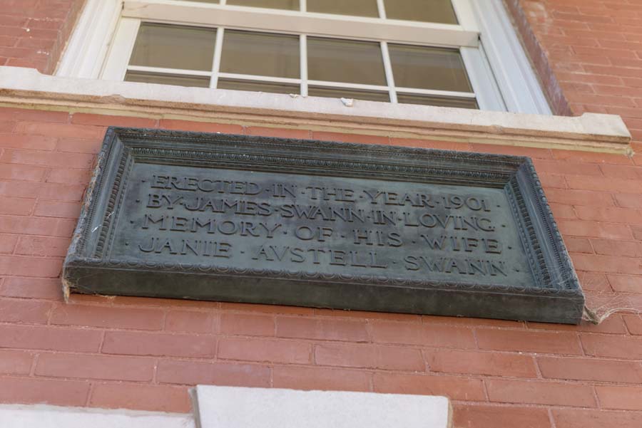 Plaque on the Swann Building: Erected in the year 1901 by James Swann in loving memory of his wife Janie Austell Swann.