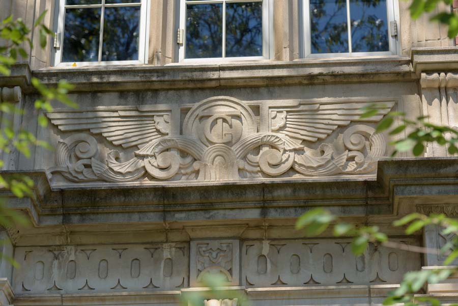 A close-up of the Daniel J. Guggenheim Building entrance.
