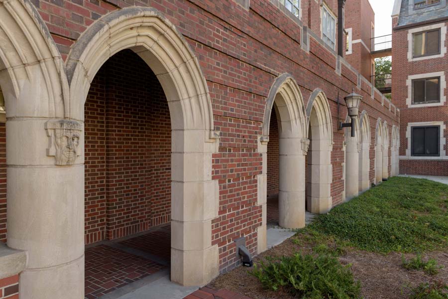 The front of Brittain features 10 Doric pillars emblazoned with busts of 10 famous engineers and scientists — and the fields to which they contributed. The 10 fields existed at Tech during the 1928 construction of the building.