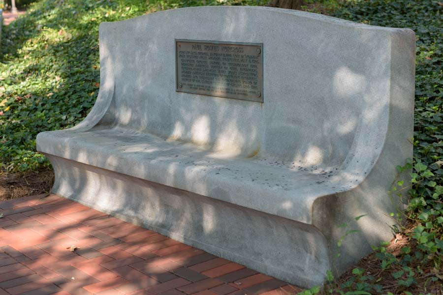 On the terrace in front of Tech Tower is a marbled bench memorial to Paul Howes Norcross, a 1902 Georgia Tech alumnus who perished in the Norman boat disaster of May 8, 1925.