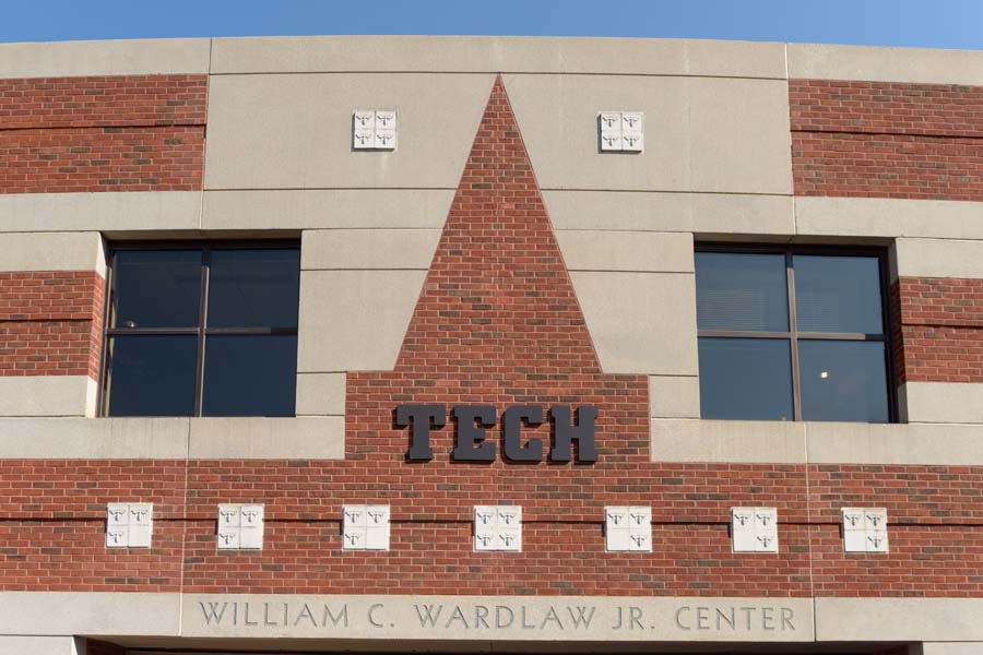 Above the entrance to the Wardlaw Center is a brick version of Tech Tower, with yellow jackets incorporated into the design.