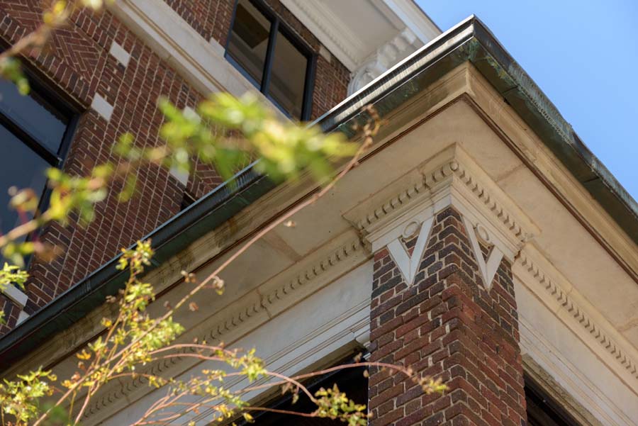 Corner detail of Georgia Tech’s Alumni House on North Avenue.
