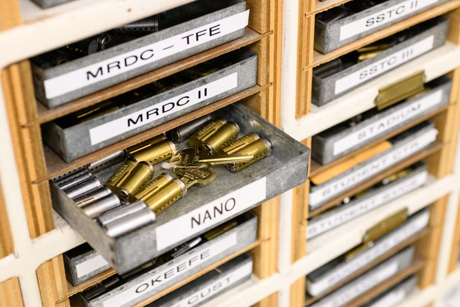 Close-up of reusable cores and extra keys for each building.