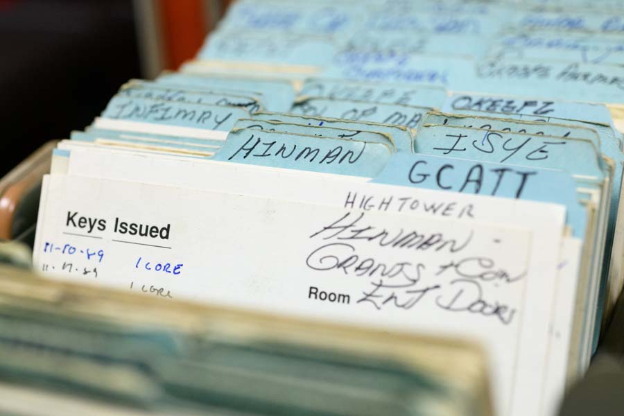 Years ago, the Lockshop used index cards to keep track of keys. All records are now kept electronically.