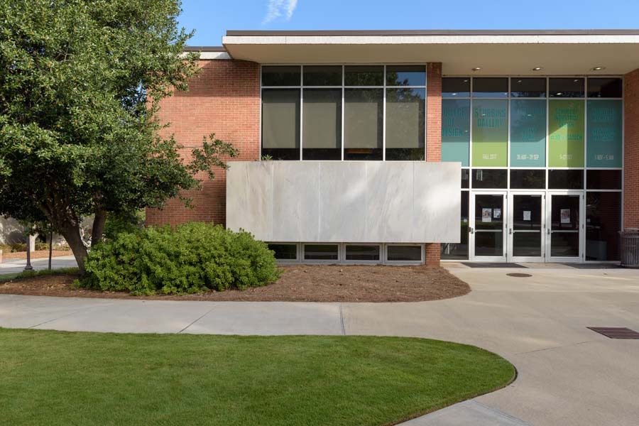 The façade of Paul Heffernan’s “Architecture Building” [College of Design, constructed in 1952] is accented by a white marble slab, treated as a planar accent in a “functionalist” building that was highly progressive for its day.