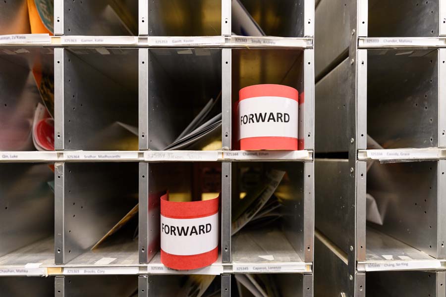 The volume of mail decreases during the summer when many students are not on campus, and they have their mail forwarded.