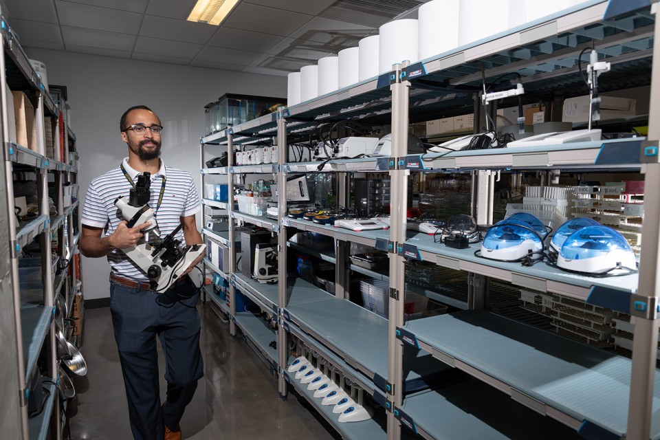 Colin Harrison, director of the Introduction to Biology Labs, gets a microscope for his class. He teaches BIOL 1510 Biological Principles, 1511 Biological Principles, 1520 Intro to Organismal Biology, and 1521 Honors Intro to Organismal Biology.