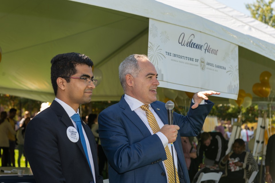 President Cabrera thanks attendees for coming, accompanied by Narayan Shirolkar, president of the graduate Student Government Association.