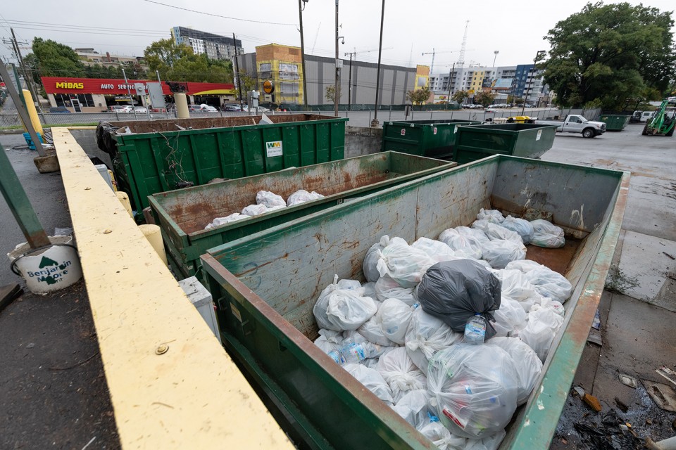 Once the recyclables are collected from campus buildings they are taken to “The Yard,” located on Northside Drive. Scrap metal, aluminum cans, plastic bottles, landscape waste, and wooden pallets are sorted here and sent to various recycling facilities.