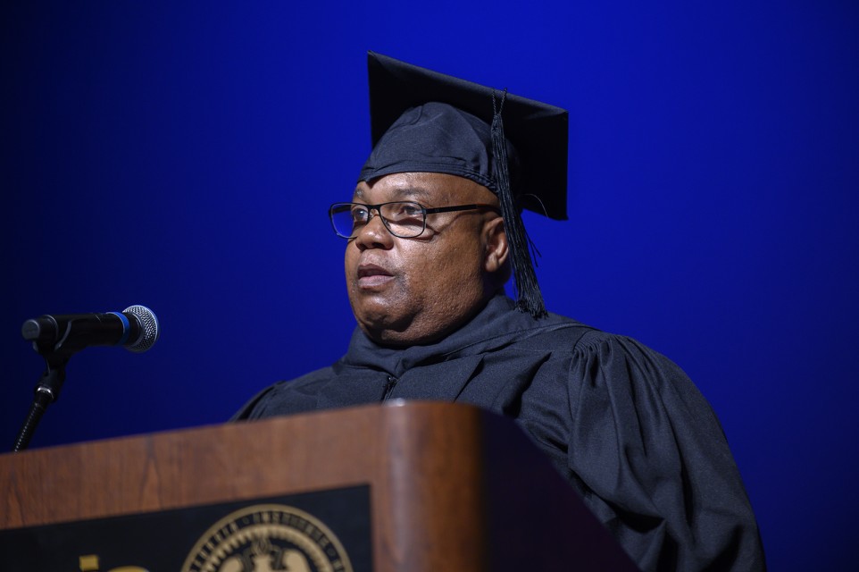 David Brown, chair of the Georgia Tech Staff Council, speaks on behalf of staff members at the event.