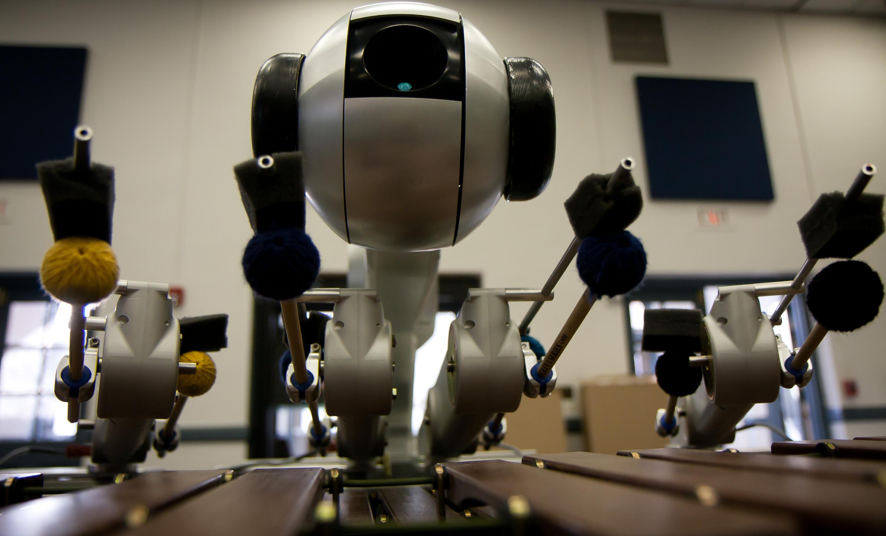 Shimon, a robot in the Center of Music Technology and School of Music. Shimon, a robot in the Center of Music Technology and School of Music.