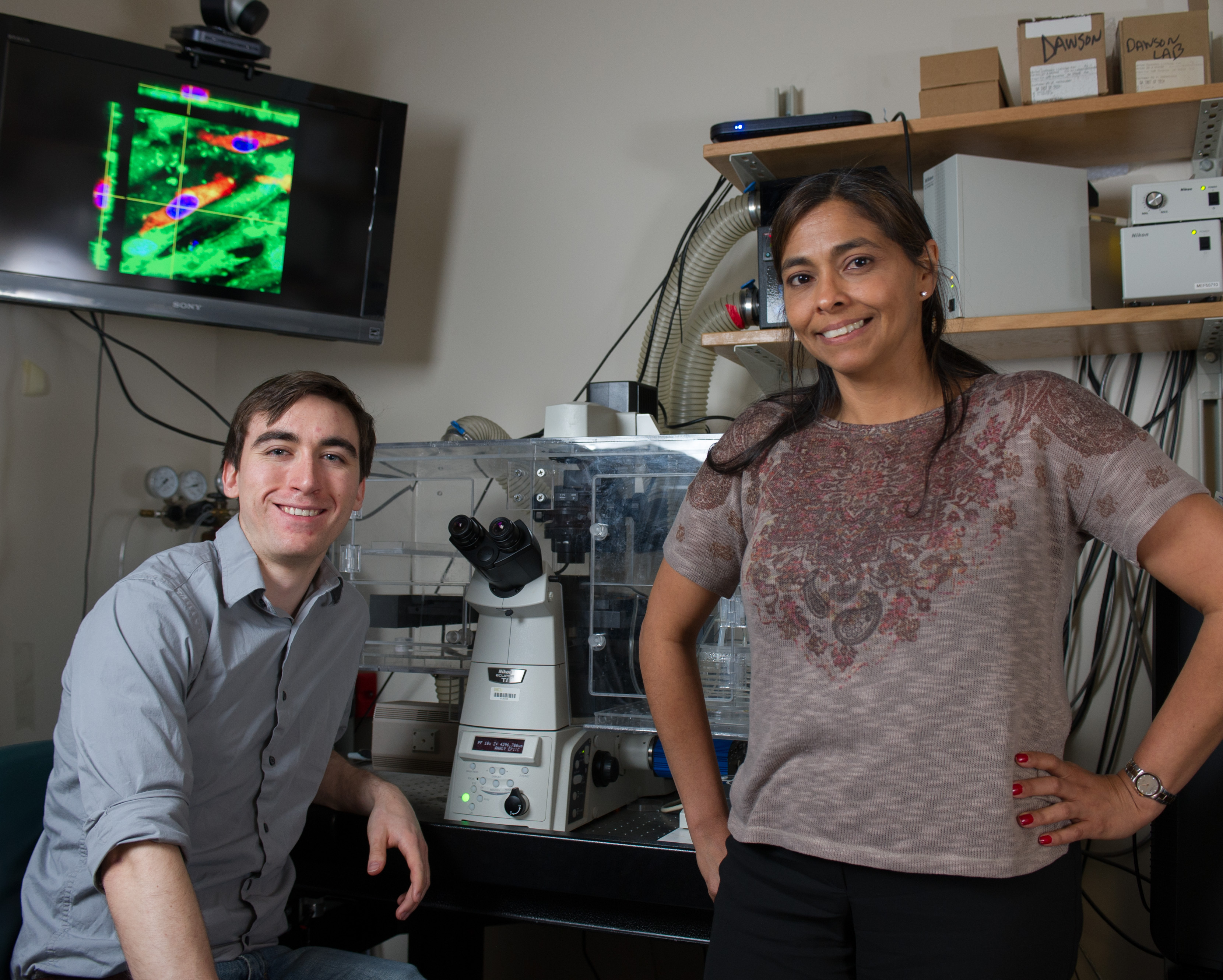 Professor Michelle Dawson and graduate student Daniel McGrail used traction force microscopy to measure the forces exerted by cancer cells on soft and stiff surfaces. Rob Felt, Georgia Institute of Technology