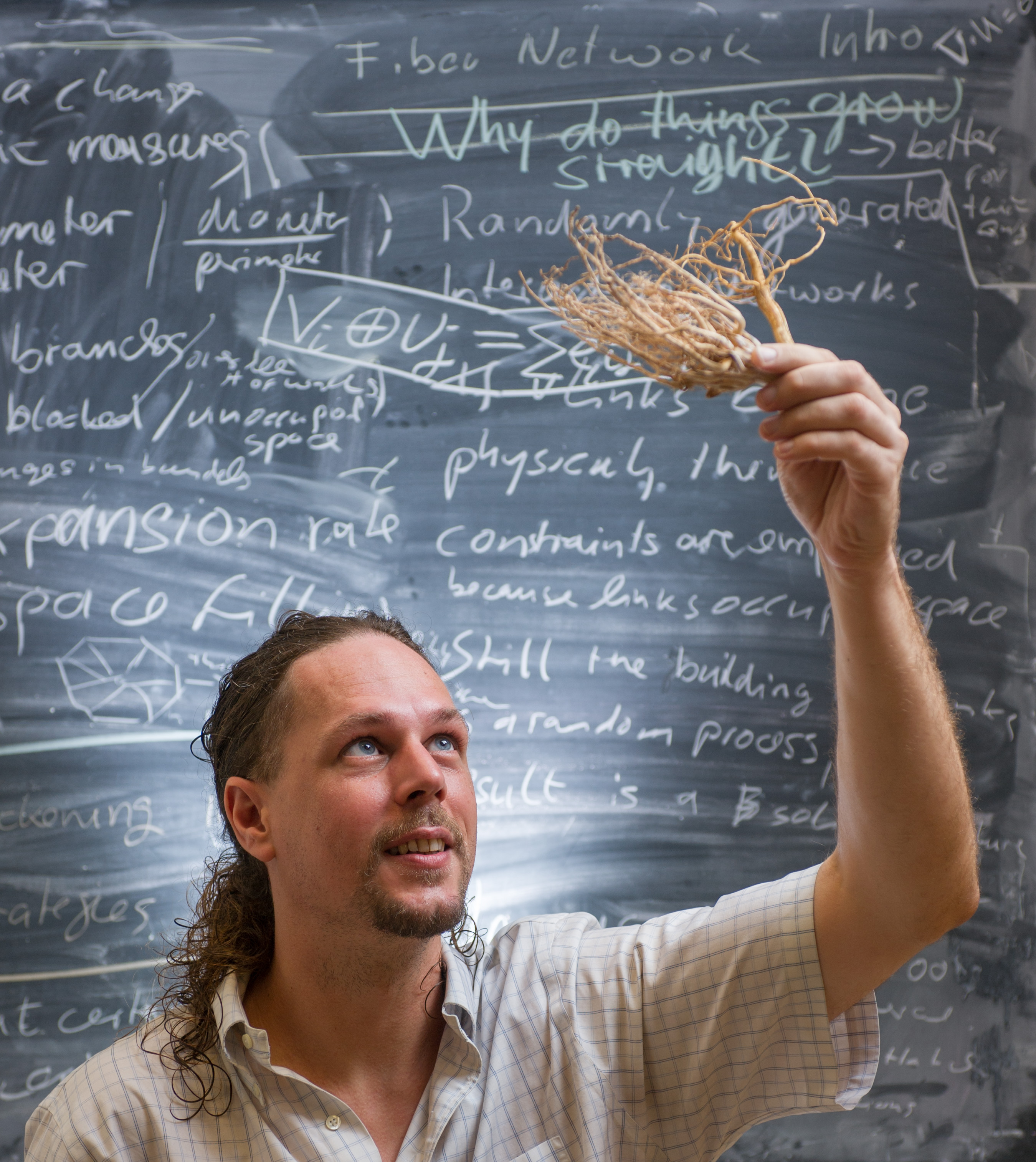 Alexander Bucksch, a postdoctoral fellow in the Georgia Tech School of Biology and School of Interactive Computing, holds a root system from a maize plant, one of the species studied using a new imaging technique. (Credit: Rob Felt)