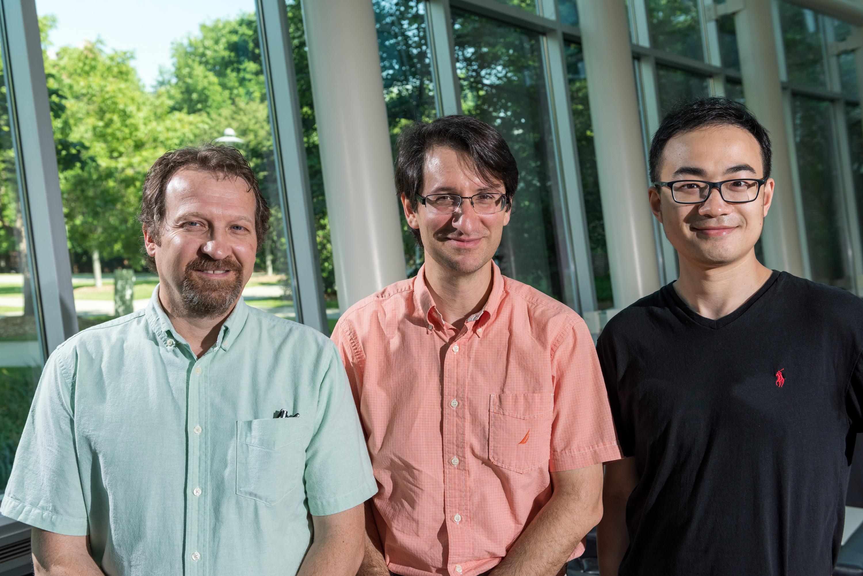 Rodney Weber, a professor in Georgia Tech’s School of Earth & Atmospheric Sciences, Athanasios Nenes, a professor and Georgia Power Scholar in the School of Earth & Atmospheric Sciences and the School of Chemical & Biomolecular Engineering, and Yuzhong Zhang, a postdoctoral researcher. (Credit: Rob Felt)