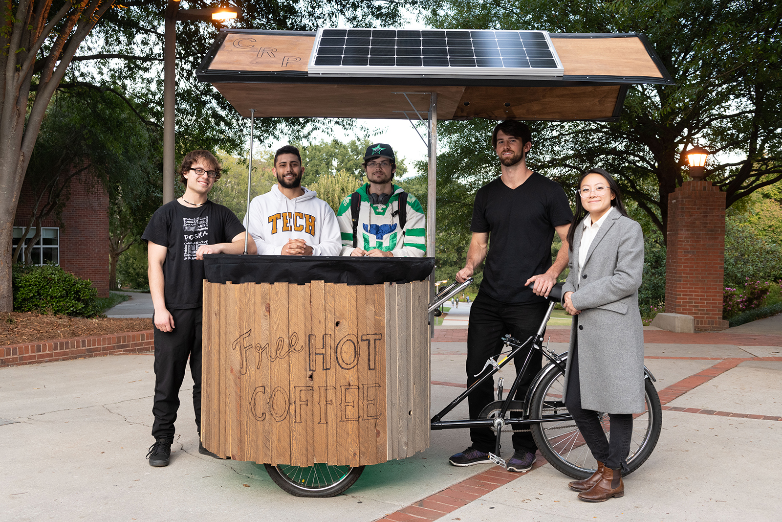 (L-R): Milosz Rachel, Mark Saleh, Collin Moore, Henry Mills, and Kristy Cho are a few of the students who helped build the new coffee bike.