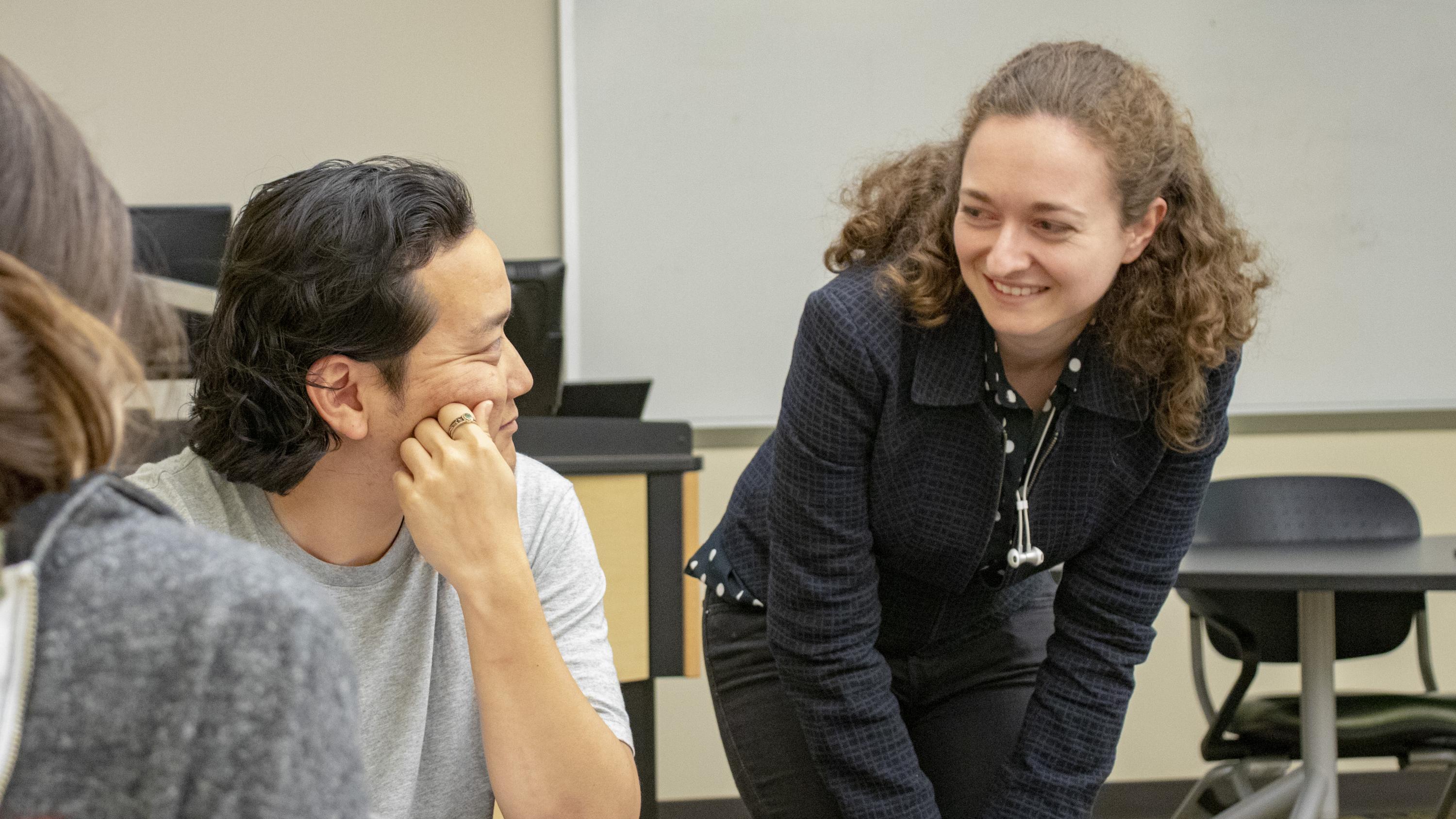 Daniel Youngchul Son, a graduate student in the School of City and Regional Planning, talks with Jenny Strakovsky, assistant director of career education and graduate programs in the School of Modern Languages, during a session of the Career Design for Global Citizenship course on April 17, 2019. Daniel Youngchul Son, a graduate student in the School of City and Regional Planning, talks with Jenny Strakovsky, assistant director of career education and graduate programs in the School of Modern Languages, during a session of the Career Design for Global Citizenship course on April 17, 2019.