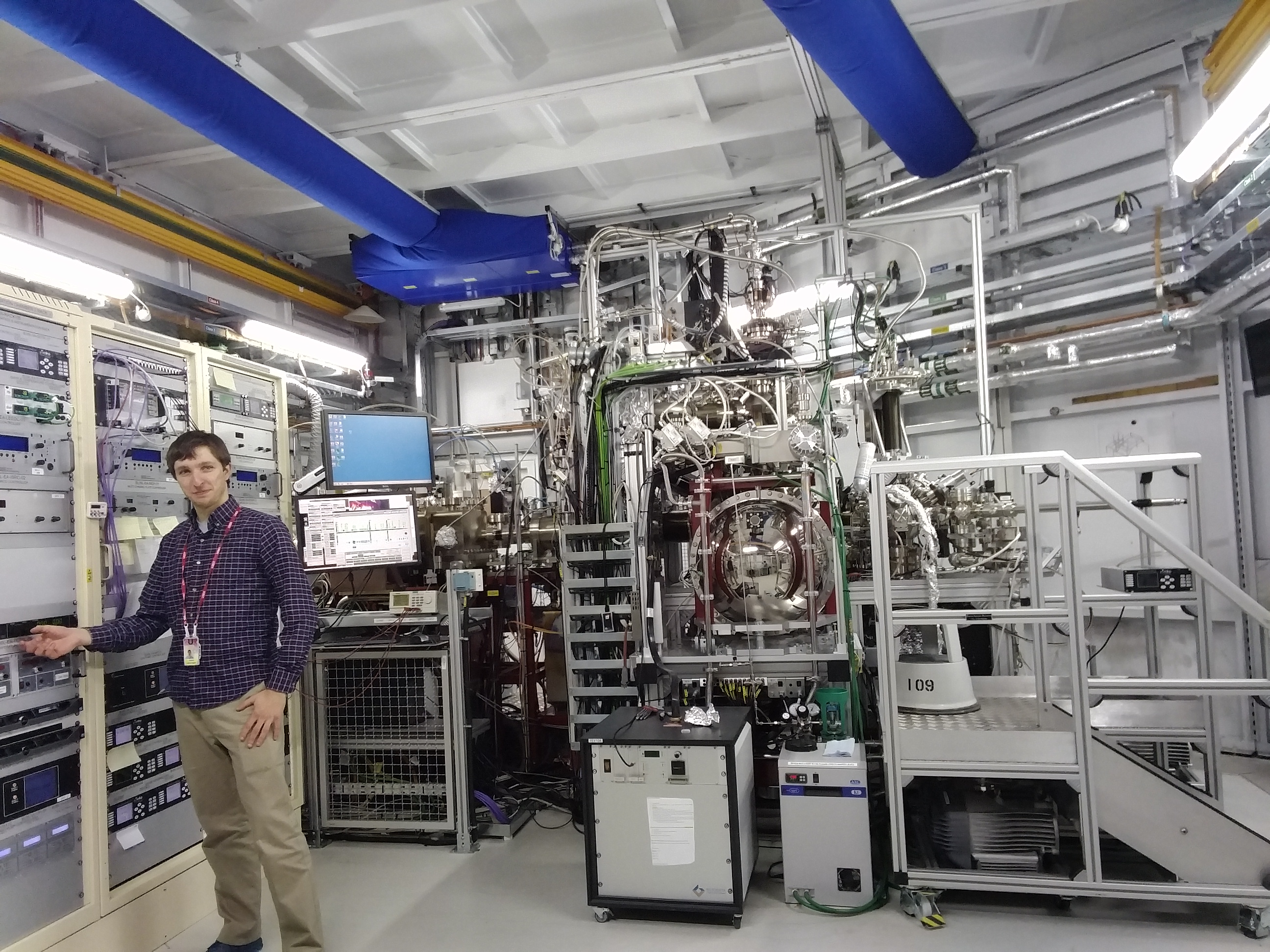 Binghamton University Ph.D. student Zachary Lebens-Higgins at Diamond Light Source in the United Kingdom, where Georgia Tech neuromorphic computing materials were previously tested. At the National Synchrotron Light Source II, BU physicists will use Electron Spectro-Microscopy (ESM) and Spectroscopy Soft and Tender to observe quantum properties in the Georgia Tech materials. Credit: Binghamton University