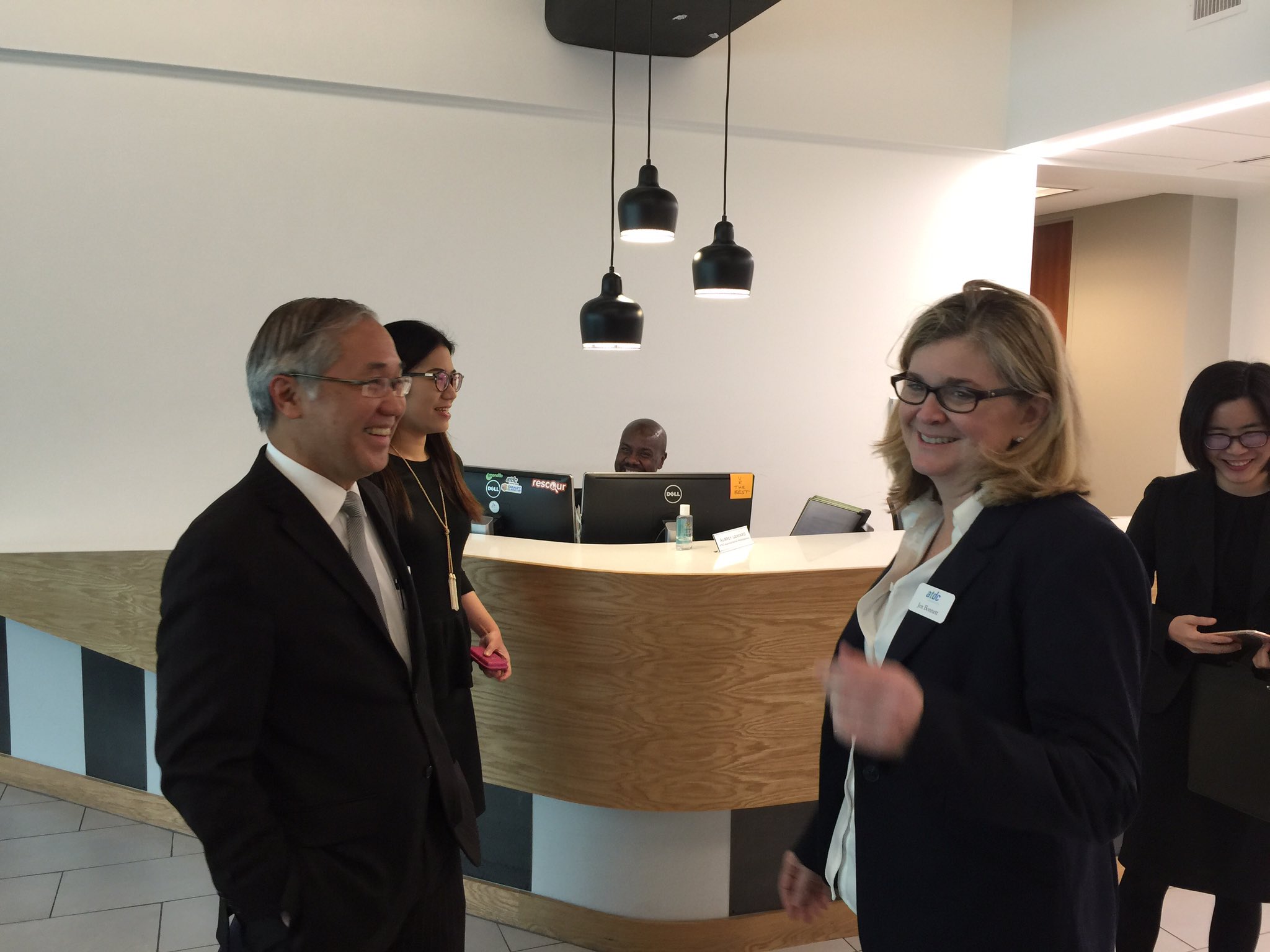 Pisan Manawapat (left), the Kingdom of Thailand’s ambassador to the United States, shares a laugh with Jen Bonnett, general manager of the Advanced Technology Development Center. The ambassador came to Georgia Tech March 24, 2017 to learn about ATDC's best practices. (Photo credit: Péralte C. Paul)