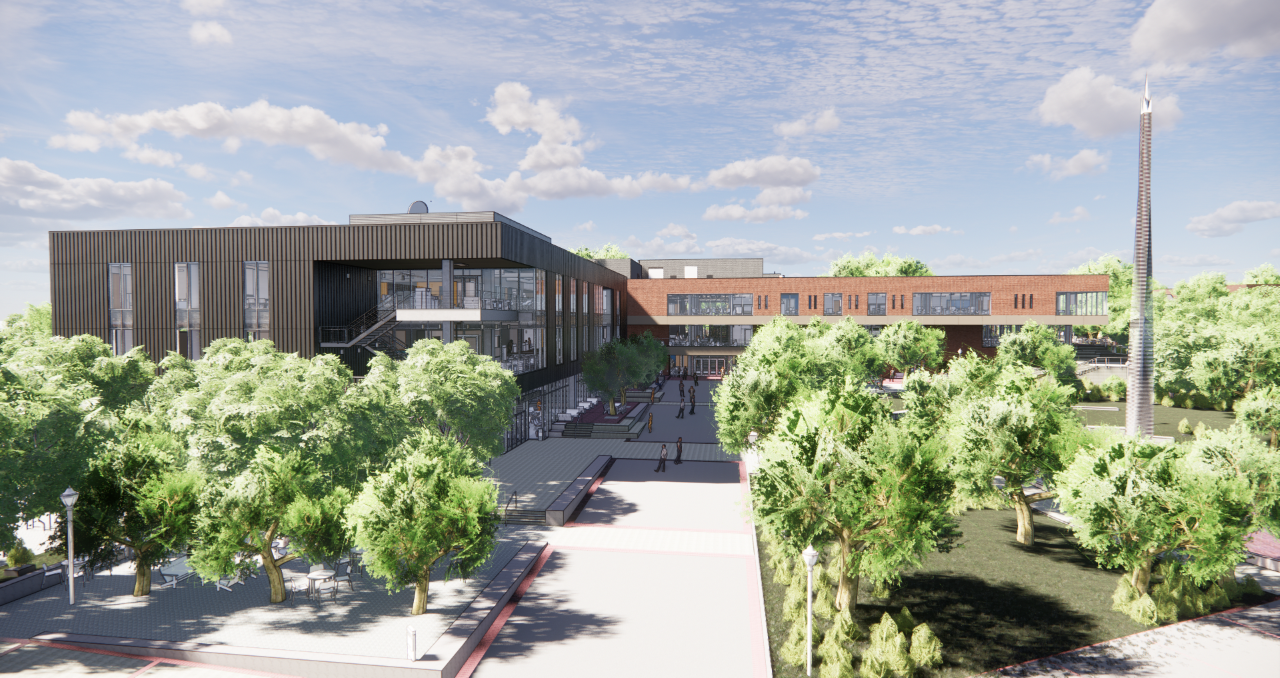 With the completion in 2020 of Phase 1 of the Campus Center Project (the Exhibition Hall and the Pavilions), Phase 2 is now substantially underway and includes the renovation of the original part of the Student Center building, a new three-story addition in place of the Stamps Commons, and upgrades to the Kessler Campanile and its surrounding plaza.Rendering credit: Cooper Cary