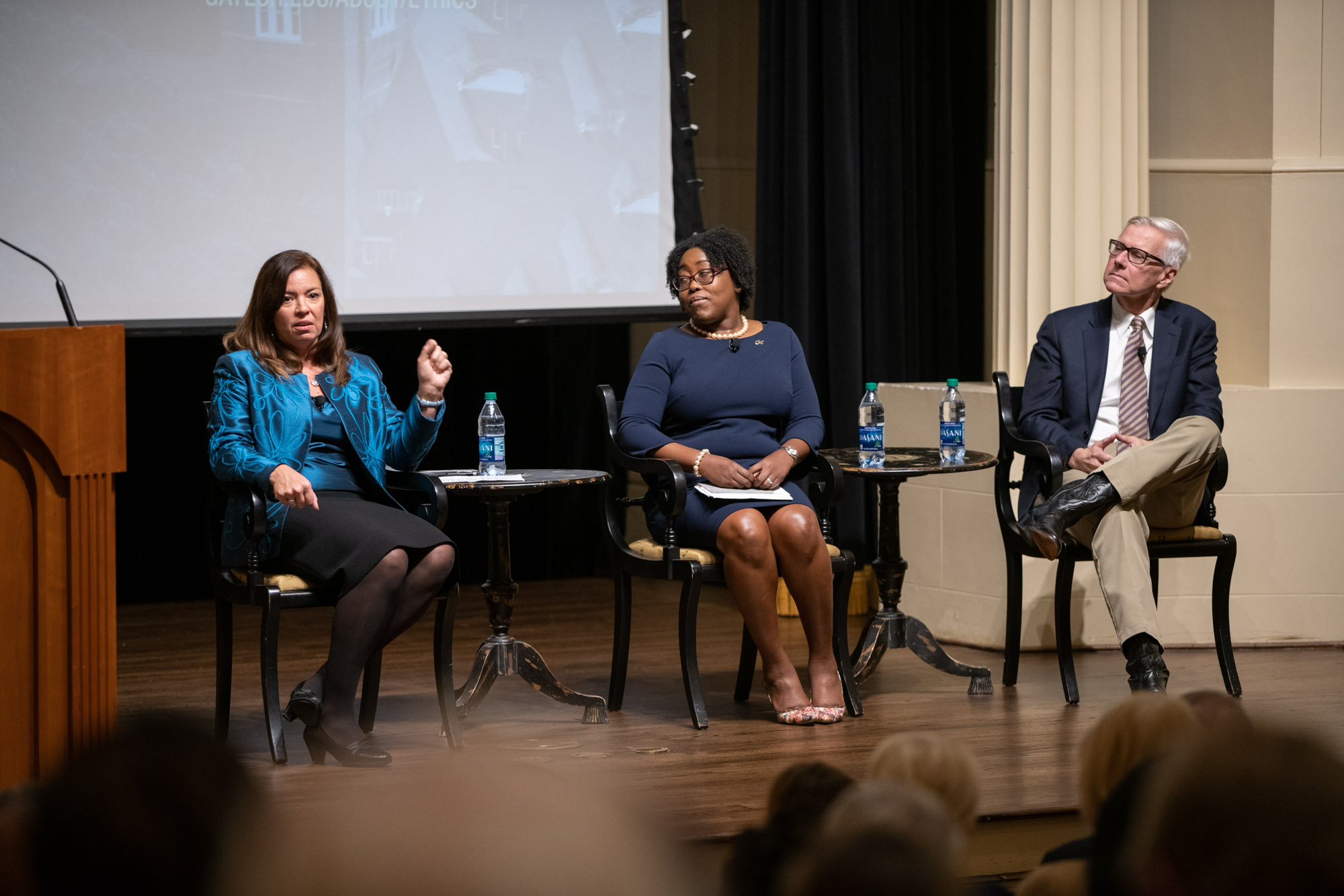 At the Academy of Medicine, panelists (L-R) Sonia Alvarez-Robinson, Aisha Oliver-Staley, and Steve Salbu discuss ethical leadership.