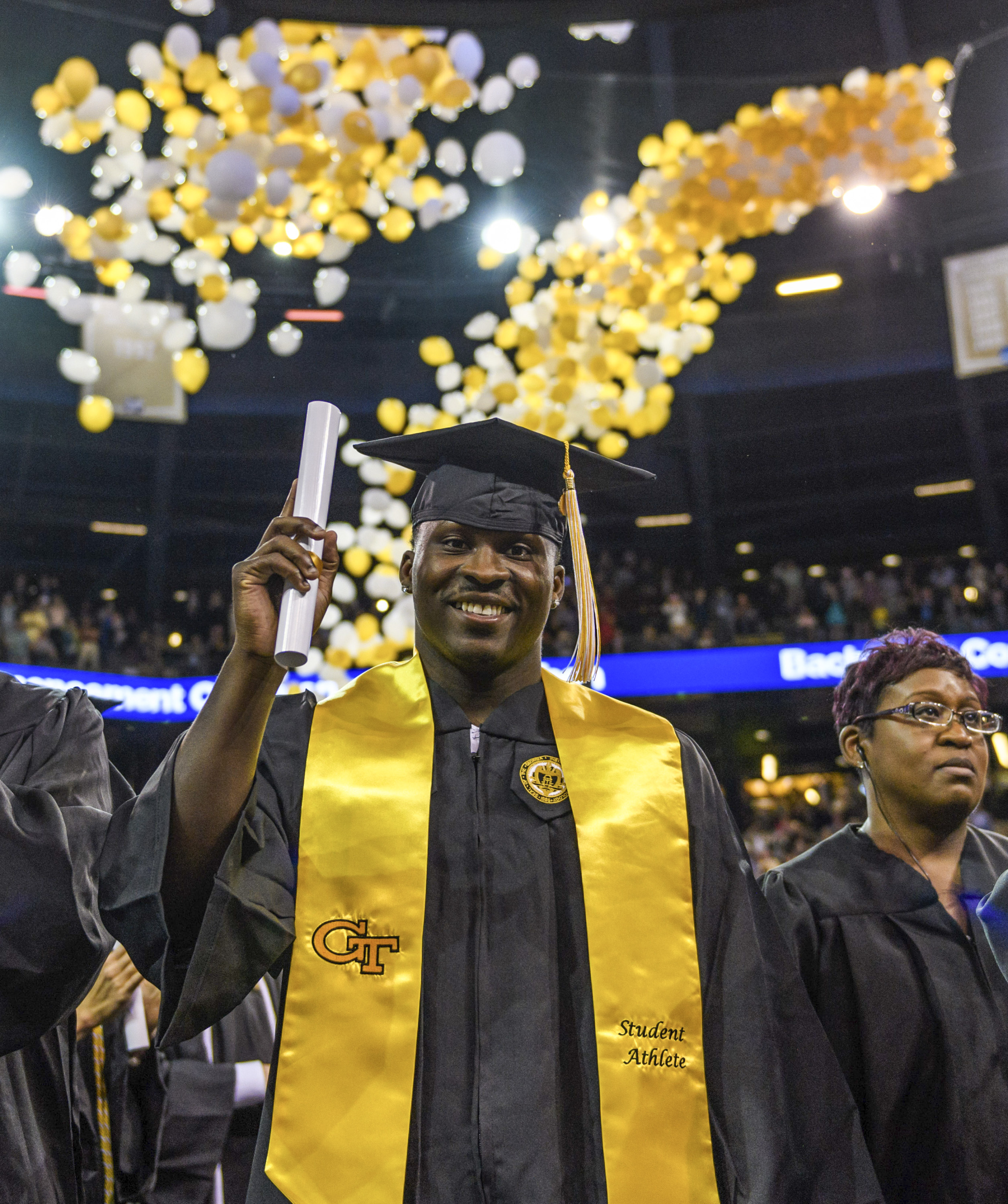 Football player J.J. Green (History, Technology, and Society) at the 2017 Commencement Spring Ceremony.