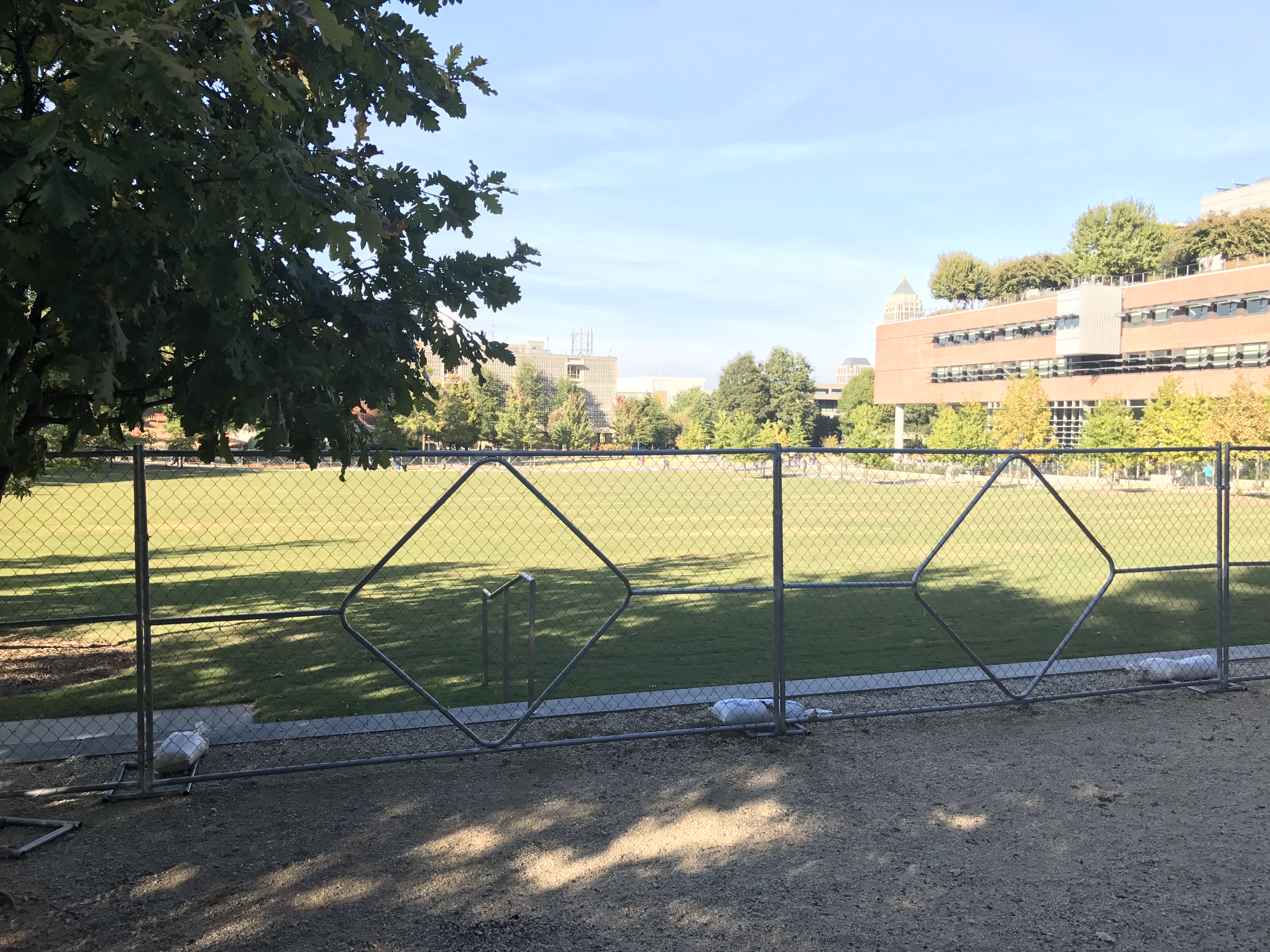 Tech Green has been fenced during construction and while the roots of the grass were being established. 