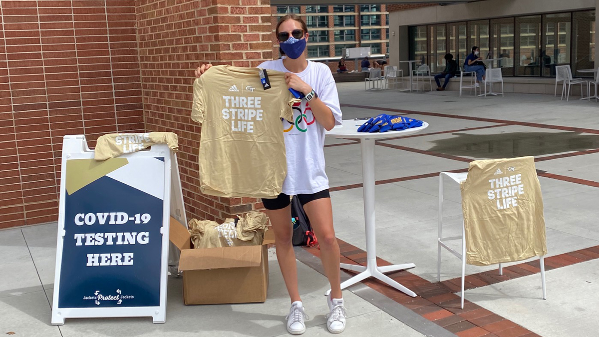 Free t-shirts and local restaurant discounts are popping up at Tech's Covid-19 asymptomatic surveillance testing sites on campus, thanks to help from volunteers like Allison Vermaak, joint vice president of Sustainability and Infrastructure for Undergraduate SGA.