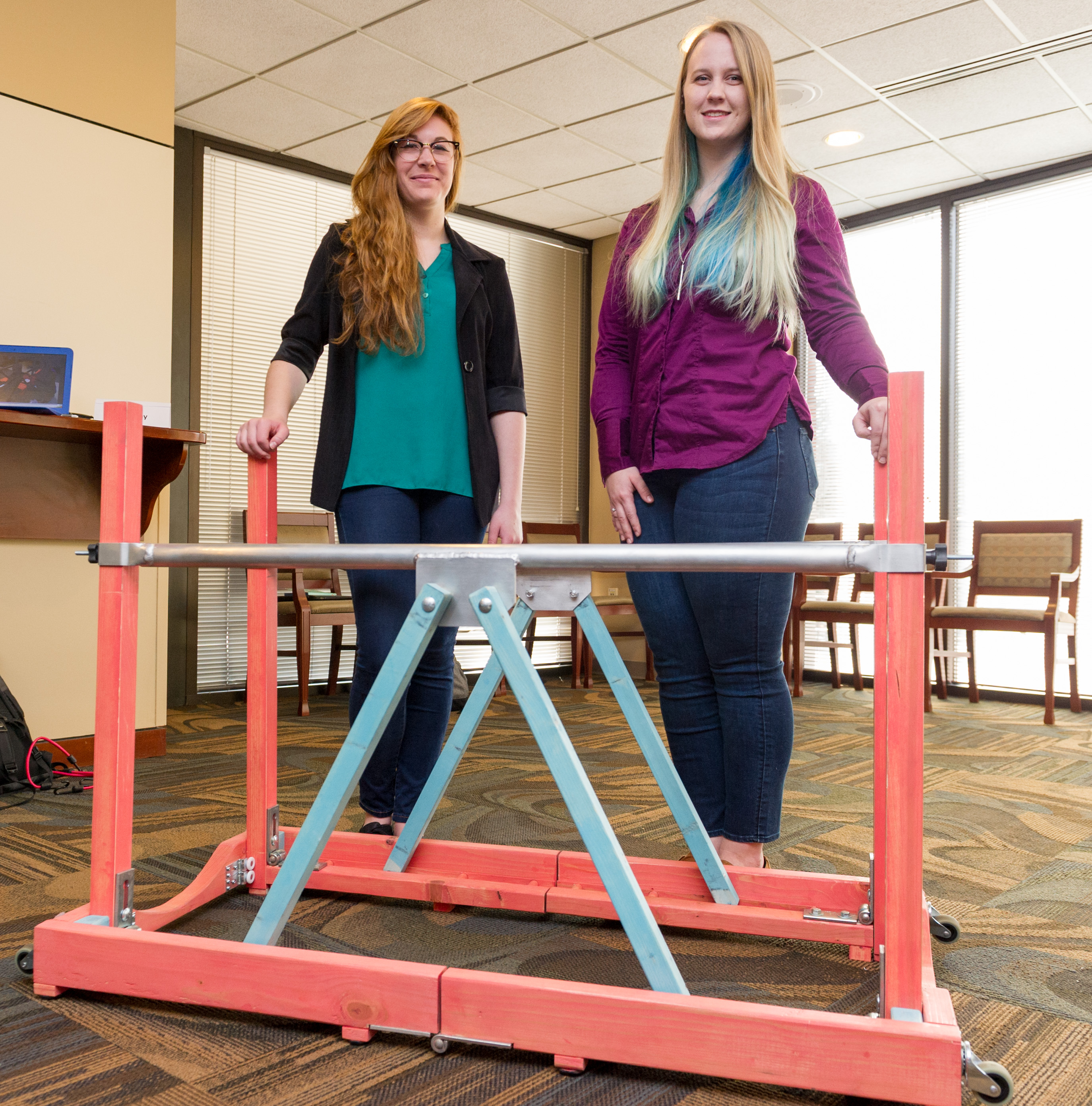Gaitway is a set of transportable parallel bars designed for children who need ambulatory physical therapy. The bars, which fold up to the size of a large suitcase with wheels, are designed to accommodate children as young as 15 months and as old as 10. The invention is one of six competing for Georgia Tech’s 2017 InVenture Prize. 

Industrial design majors Veronica Young and Nora Johnson invented the device. 

Photo by Rob Felt. 