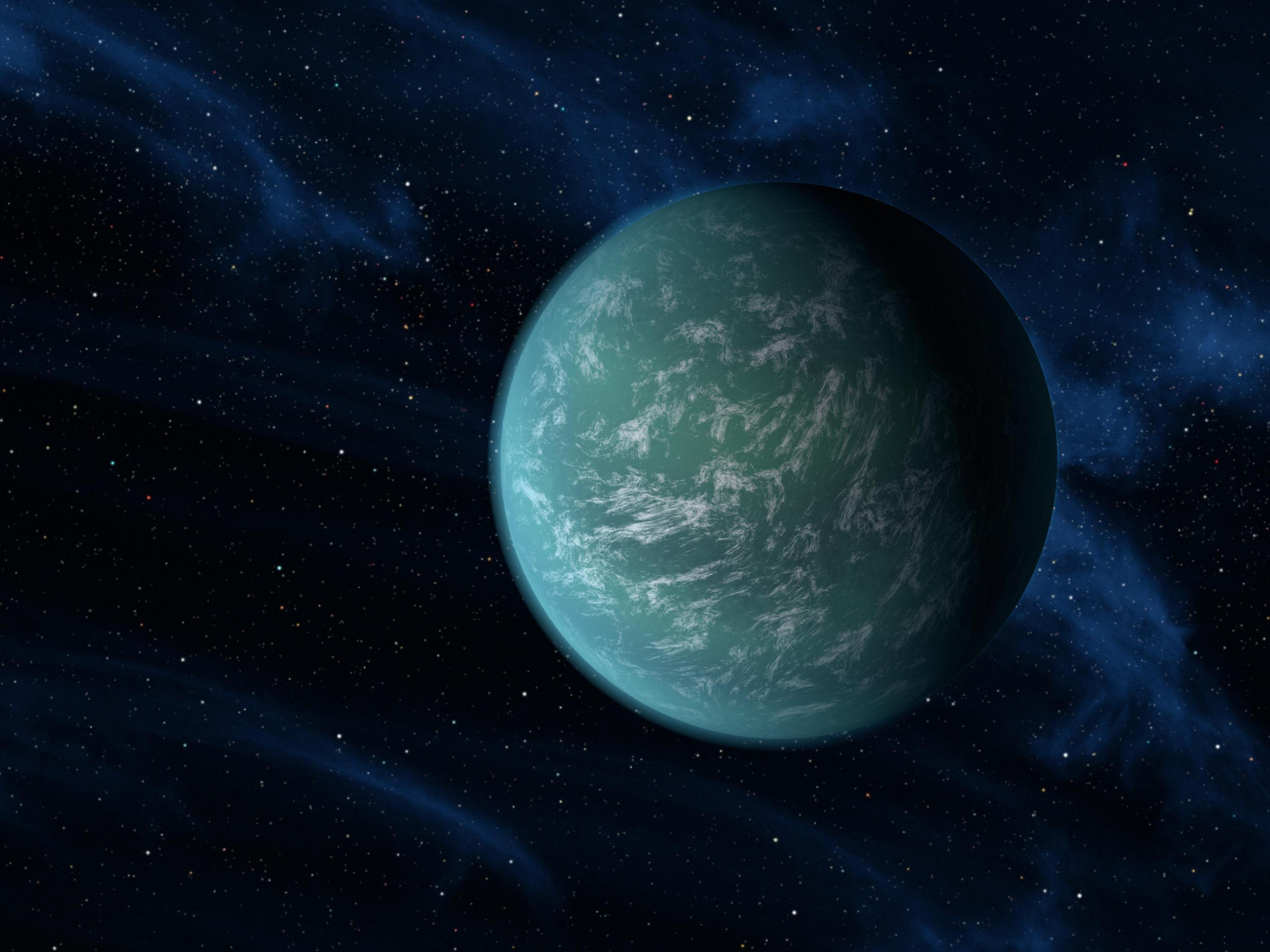Artist's depiction of what exoplanet Kepler 22b might look like. It was discovered by the Kepler satellite telescope. Kepler 22b likely receives a similar amount of light and heat from its star as our Earth does from our sun. Credit: NASA/Ames/JPL-Caltech