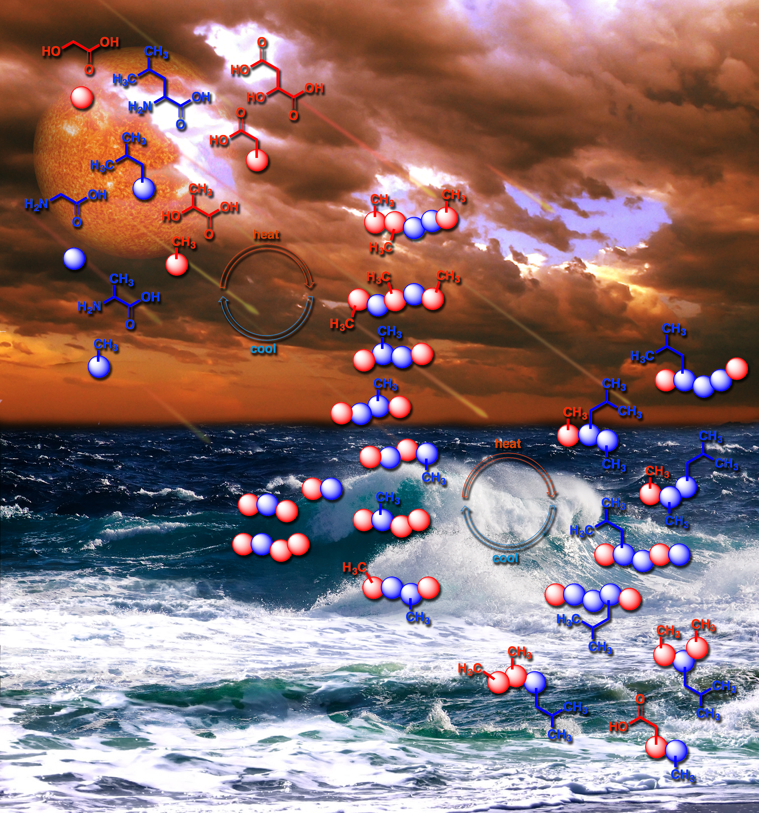 The first polymers of life may have arisen by a daily process still observed on Earth today, such as the repeated drying and refilling of pond water. Credit: Karl Magnacca, John Boyer/SXC, bearfotos/Freepik, Vecteezy.com, and NASA Goddard Photo and Video / Center for Chemical Evolution