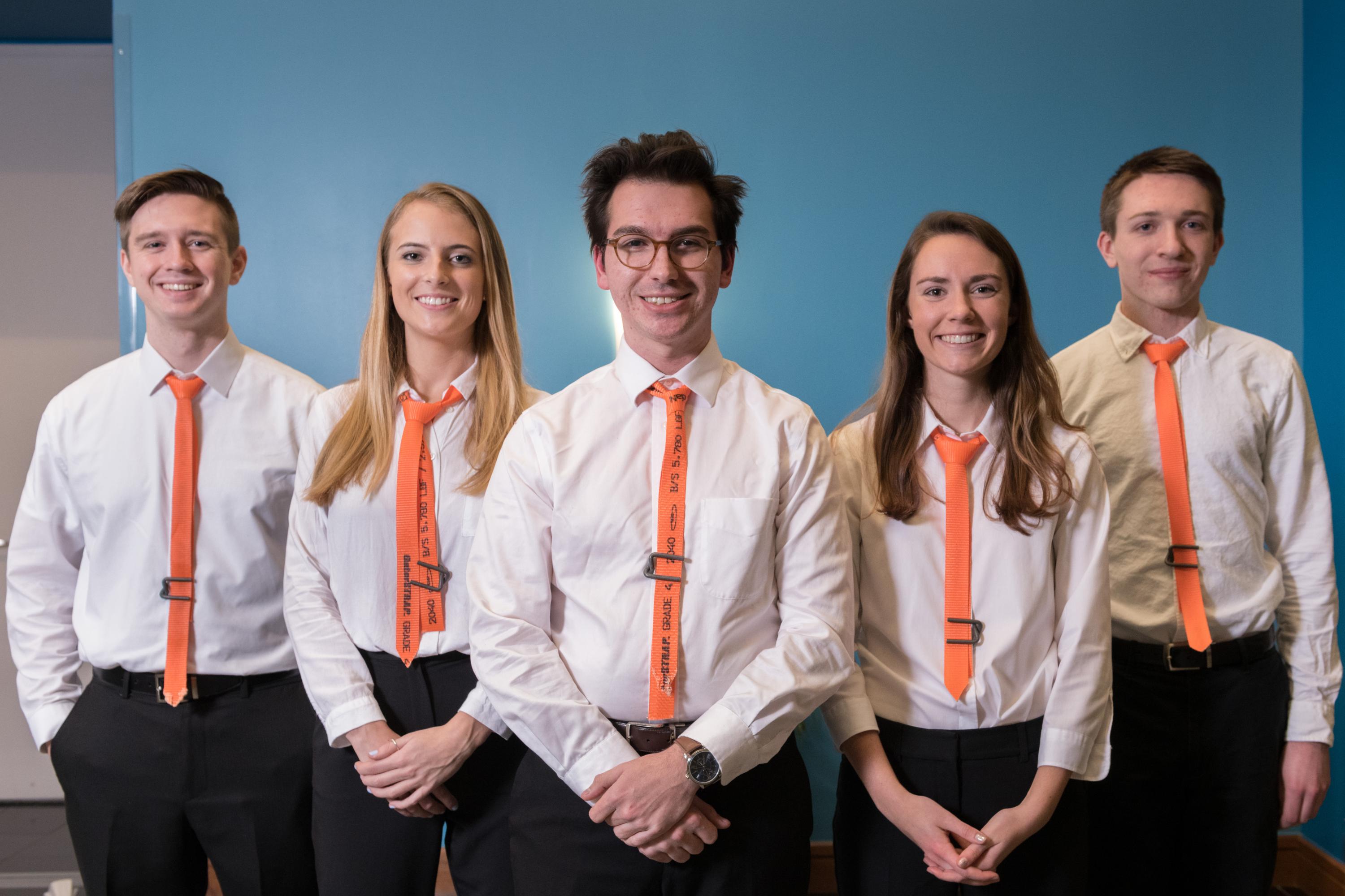 The InVenture Prize finalist created an easy, safe and effective strap tensioning tool for any shaped load. The inventors are recent mechanical engineering graduates: Michael Bailey, Lauren Perrine, Austin Forgey, Hannah and Brandon Will. (Photo by Allison Carter)