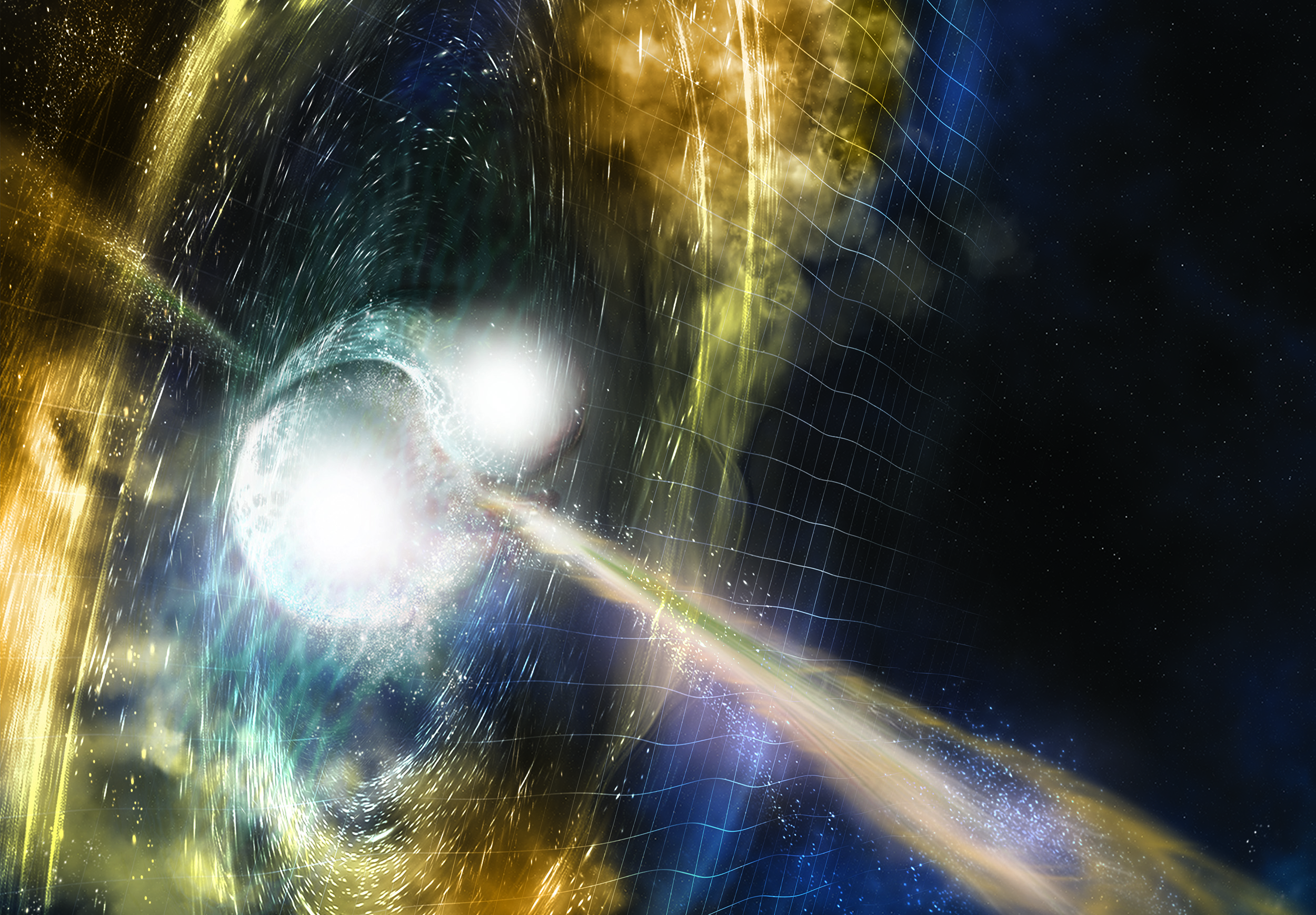 Artist’s illustration of two merging neutron stars. The rippling space-time grid represents gravitational waves that travel out from the collision, while the narrow beams show the bursts of gamma rays that are shot out just seconds after the gravitational waves. Swirling clouds of material ejected from the merging stars are also depicted. The clouds glow with visible and other wavelengths of light. Image credit: NSF/LIGO/Sonoma State University/A. Simonnet