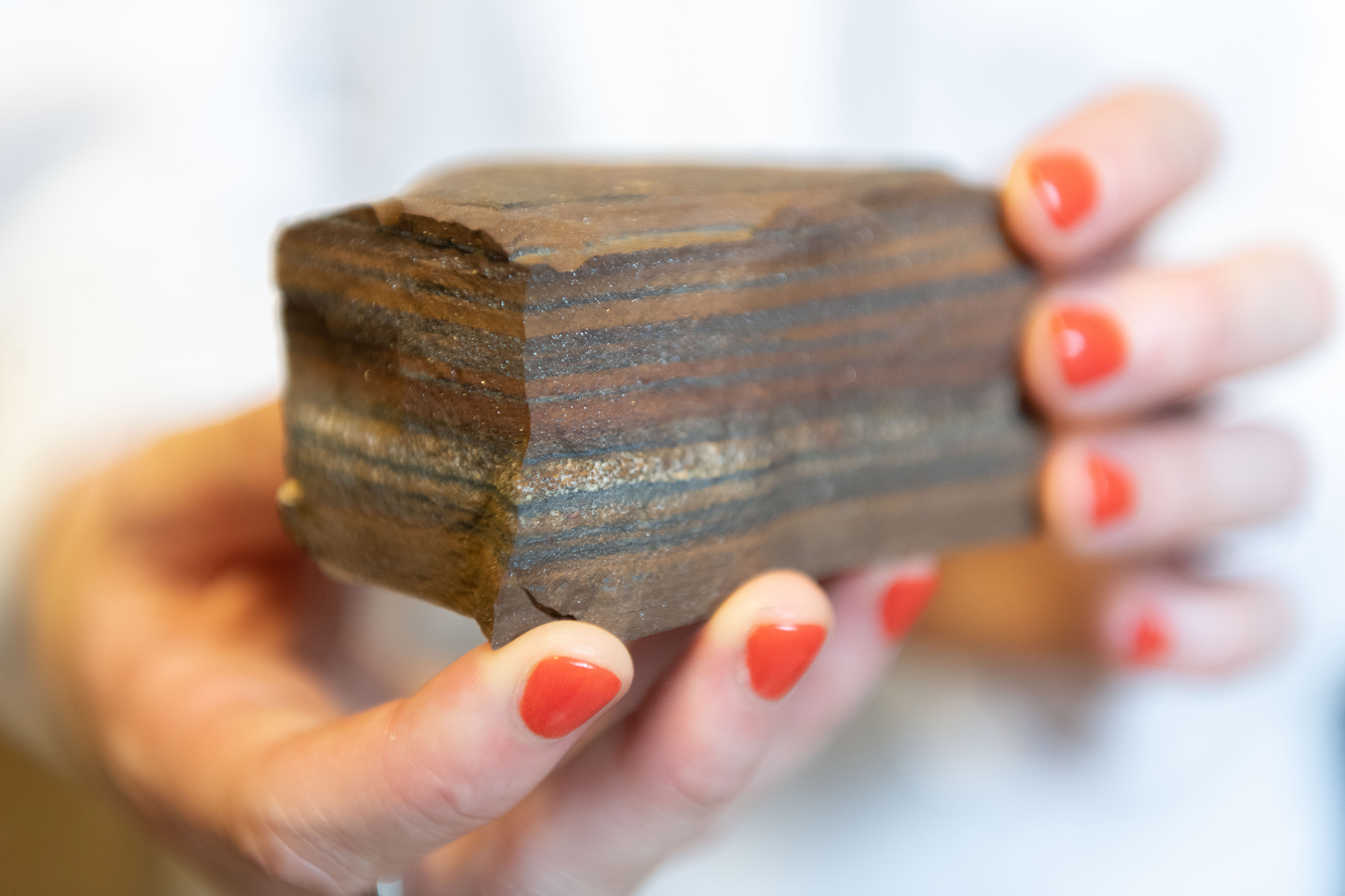 Ancient tiger eye BIF (banded iron formation) rock with varying layers that include iron that fell out of ancient oceans. An eon ago, oceans appear to have been full of ferrous iron, which would have facilitated production of N2O (laughing gas). Credit: Georgia Tech / Allison Carter