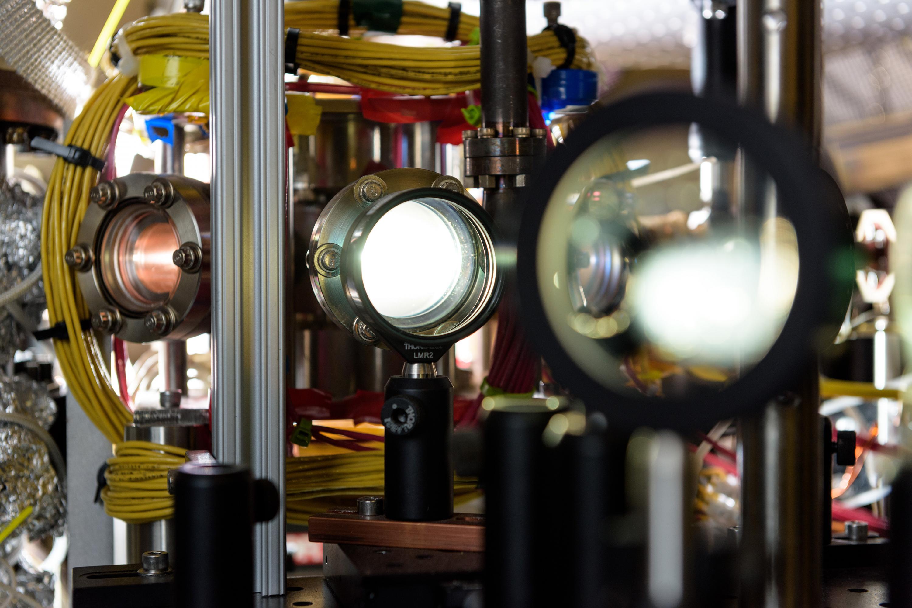 Photo shows equipment used for observing entangled Bose-Einstein condensates. (Credit: Rob Felt, Georgia Tech).