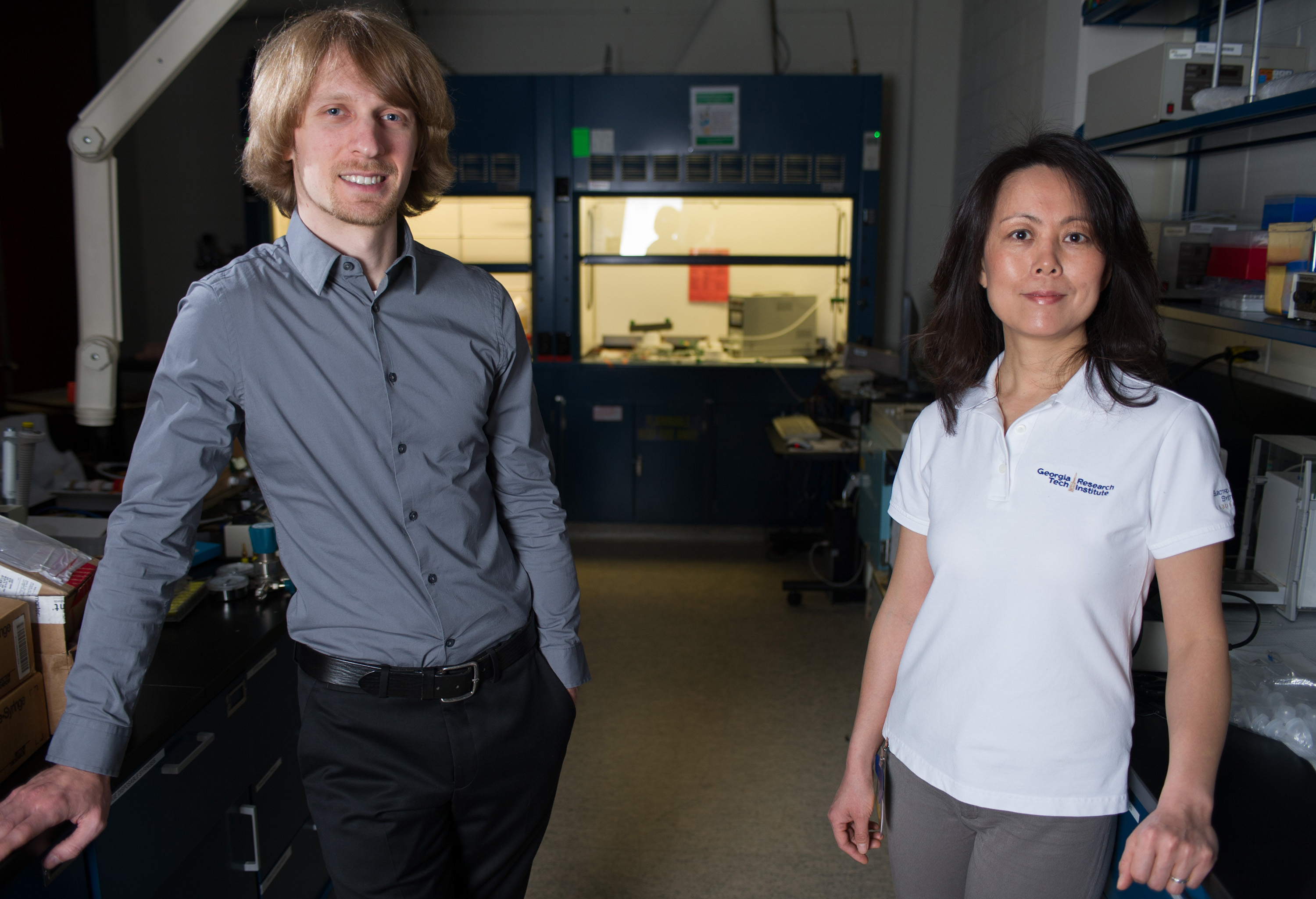 Georgia Tech Research Institute researchers Christopher Valenta (left) and Judy Song are developing nano-material-based sensors that detect a wide variety of chemical vapors. (Georgia Tech Photo: Rob Felt)