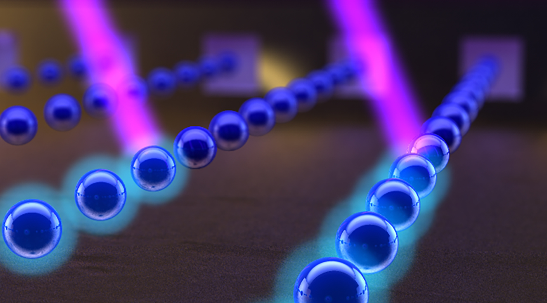 Atoms, here in blue, shoot out of parallel barrels of an atom beam collimator. Lasers, here in pink, can manipulate the exiting atoms for desired effects. Credit: Georgia Tech / Ella Maru studios work for hire
