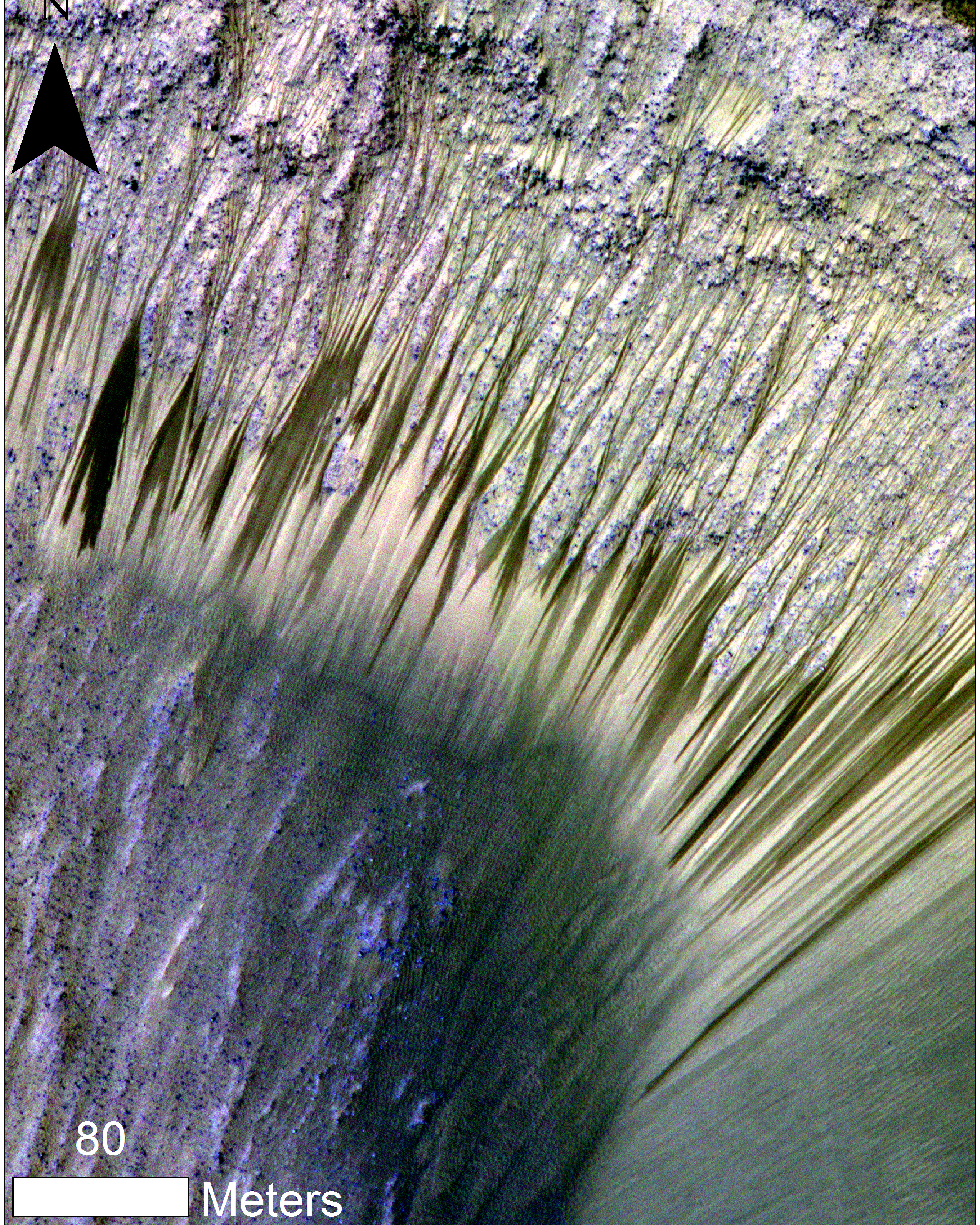 Dark elongated streaks called Recurring Slope Lineae observed in HiRISE images of Mars. The RSL form on sun facing slopes during warm season and fade during cold season. Dark elongated streaks called Recurring Slope Lineae observed in HiRISE images of Mars. The RSL form on sun facing slopes during warm season and fade during cold season.