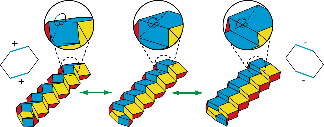 A six-sided polygonal origami tube can reconfigure into two different shapes by changing the direction of folds -- from a mountain to a valley.