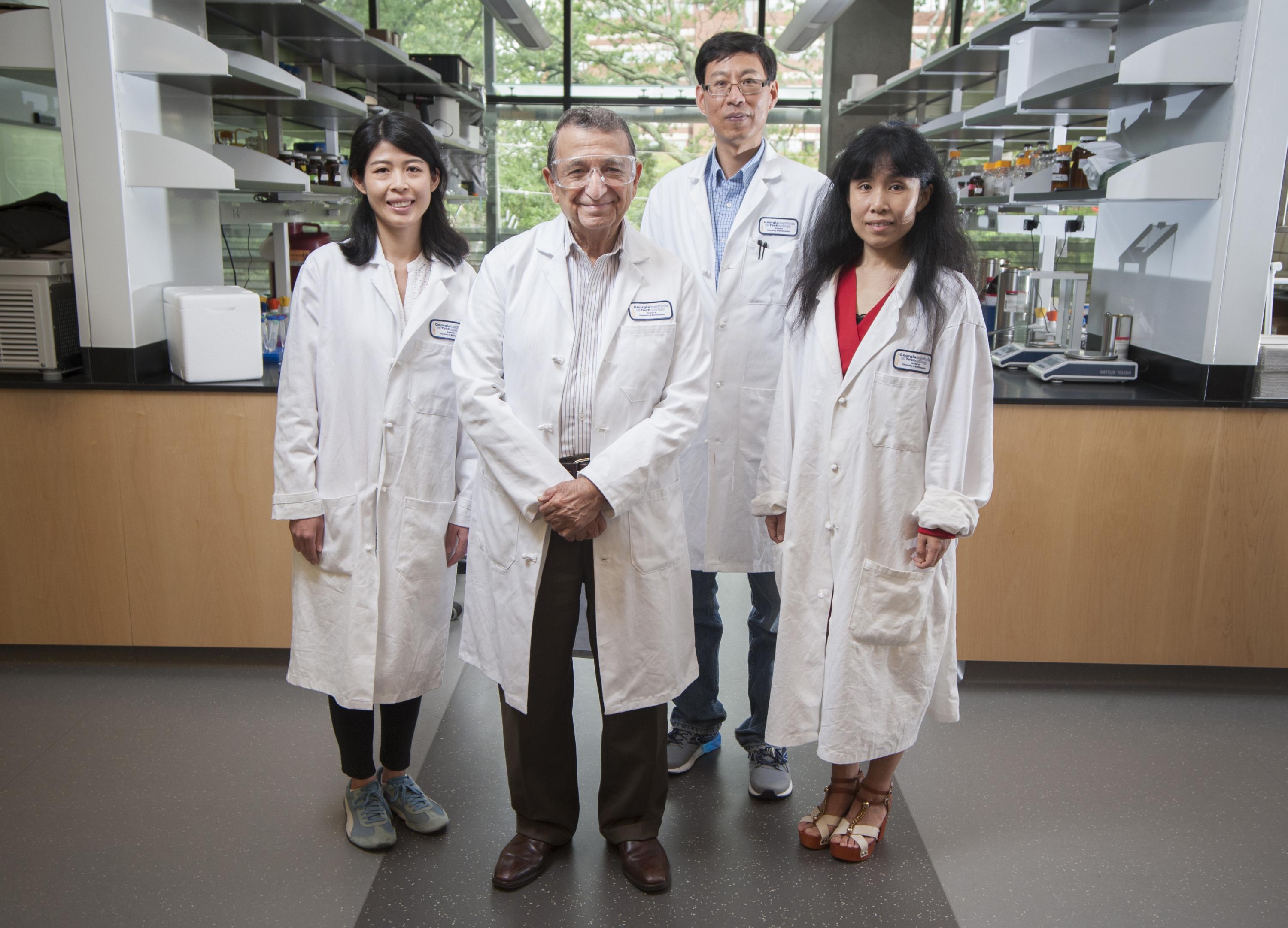 Georgia Tech's Regents Professor Mostafa El-Sayed (front) is one of the most highly decorated and cited living chemists. With his team for this research from left to right: Yue Wu, Professor Ronghu Wu, and Yan Tang. Credit: Georgia Tech / Christopher Moore