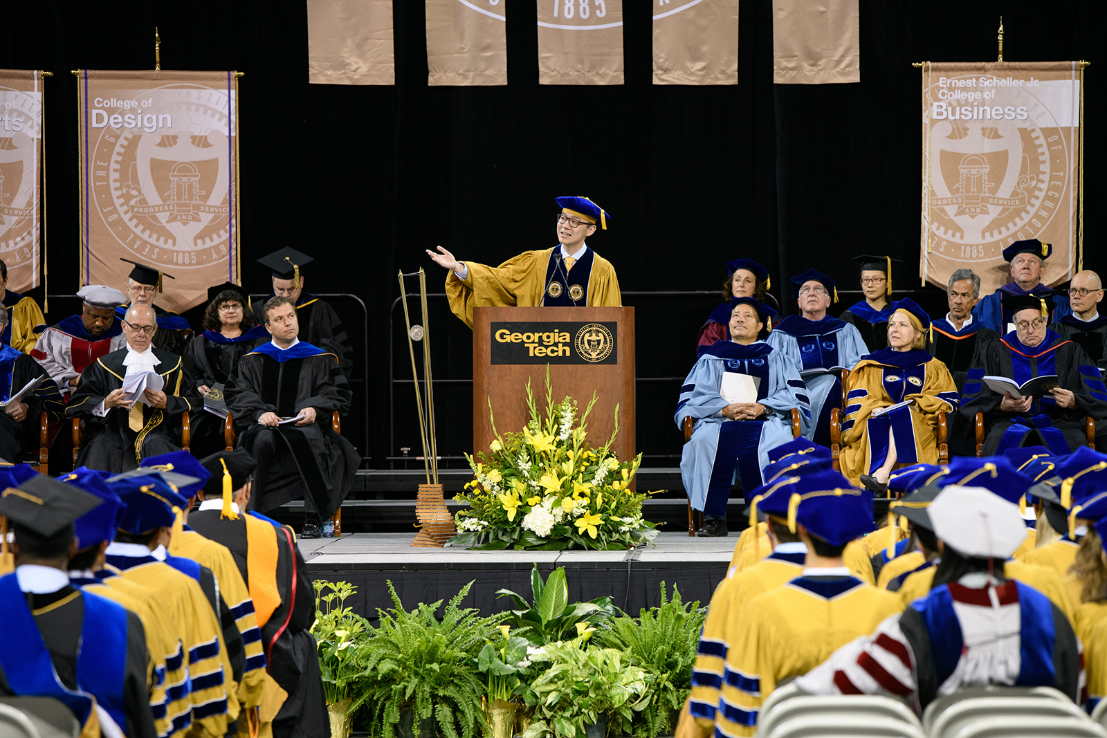 Yuchen Zheng delivers the student address at the Spring 2018 Commencement Ceremony