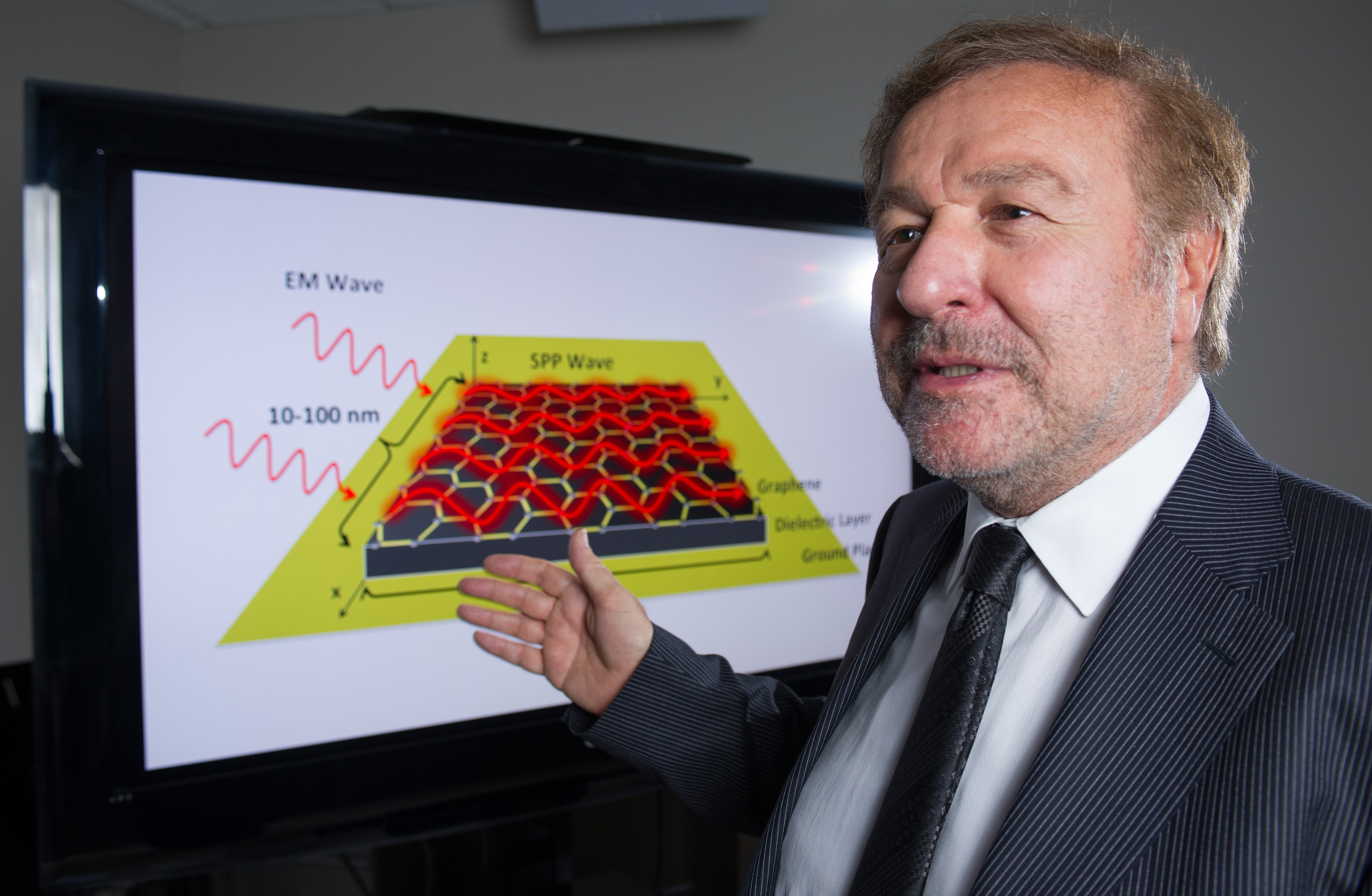 Georgia Tech School of Electrical and Computer Engineering professor Ian Akyildiz poses with a schematic showing how surface plasmon polariton (SPP) waves would be formed on the surface of tiny antennas fabricated from graphene. (Georgia Tech Photo: Rob Felt)