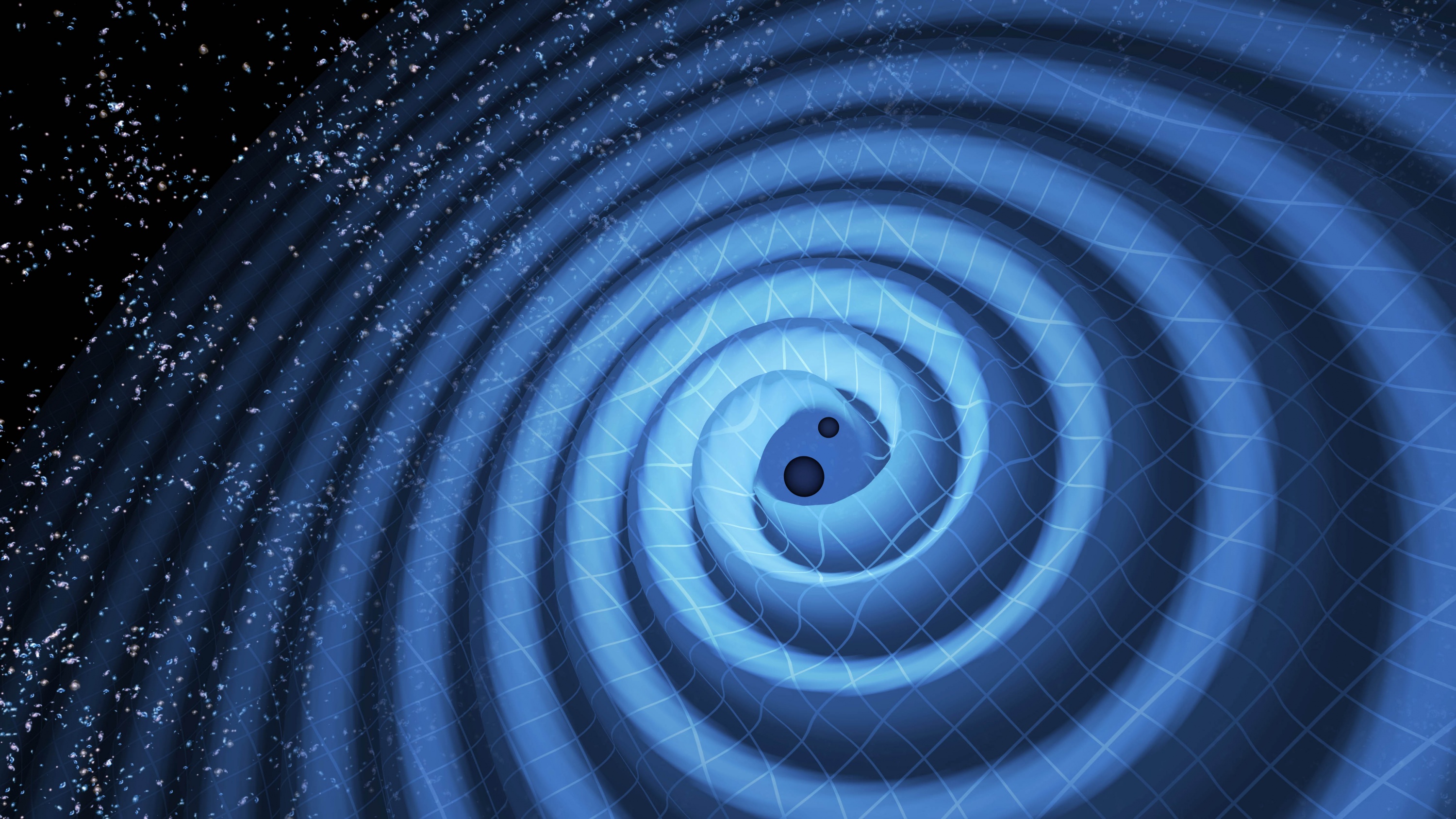 This illustration shows the merger of two black holes and the gravitational waves that ripple outward as the black holes spiral toward each other. The black holes—which represent those detected by LIGO on Dec. 26, 2015—were 14 and 8 times the mass of the sun, until they merged, forming a single black hole 21 times the mass of the sun. In reality, the area near the black holes would appear highly warped, and the gravitational waves would be difficult to see directly. Image credit: LIGO/T. Pyle